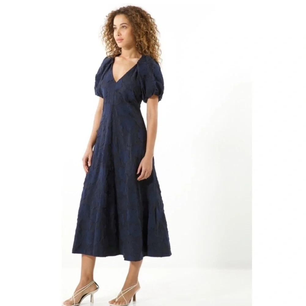 Tanya Taylor Harley Floral Navy Puff Sleeve VNeck Midi Dress - Picture 1 of 10